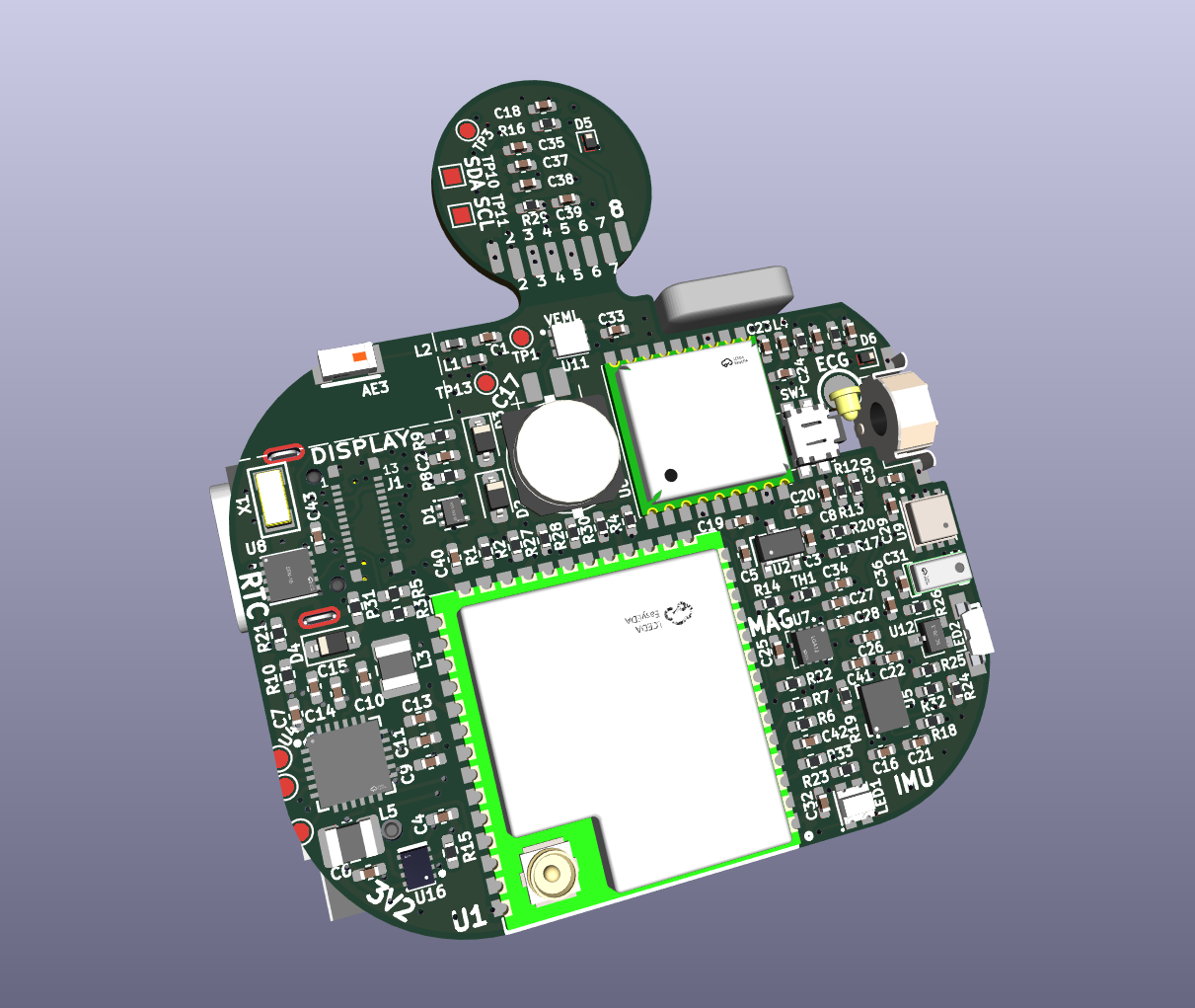 Kompic Mk I PCB 3D render, view A
