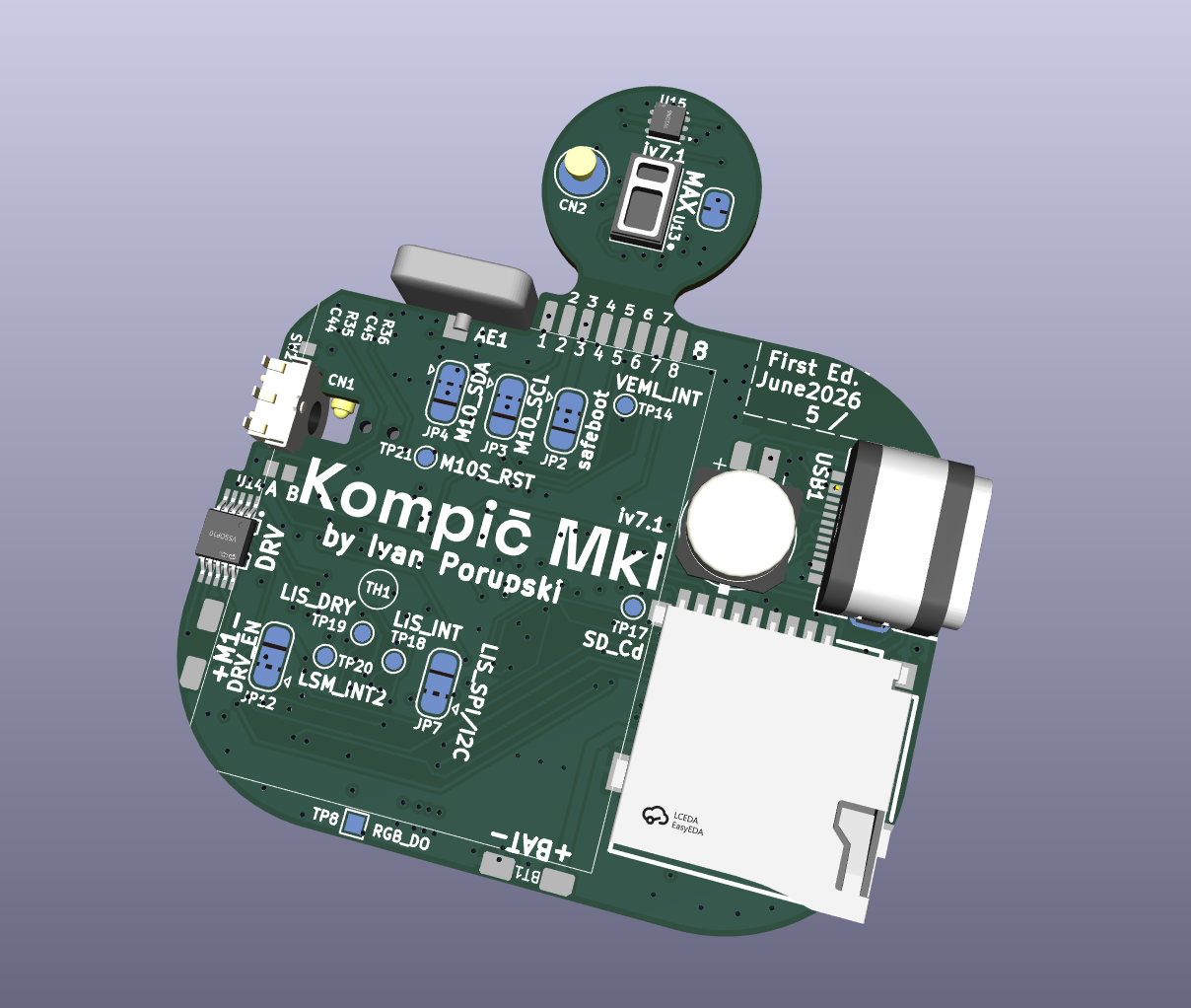 Kompic Mk I PCB 3D render, view B